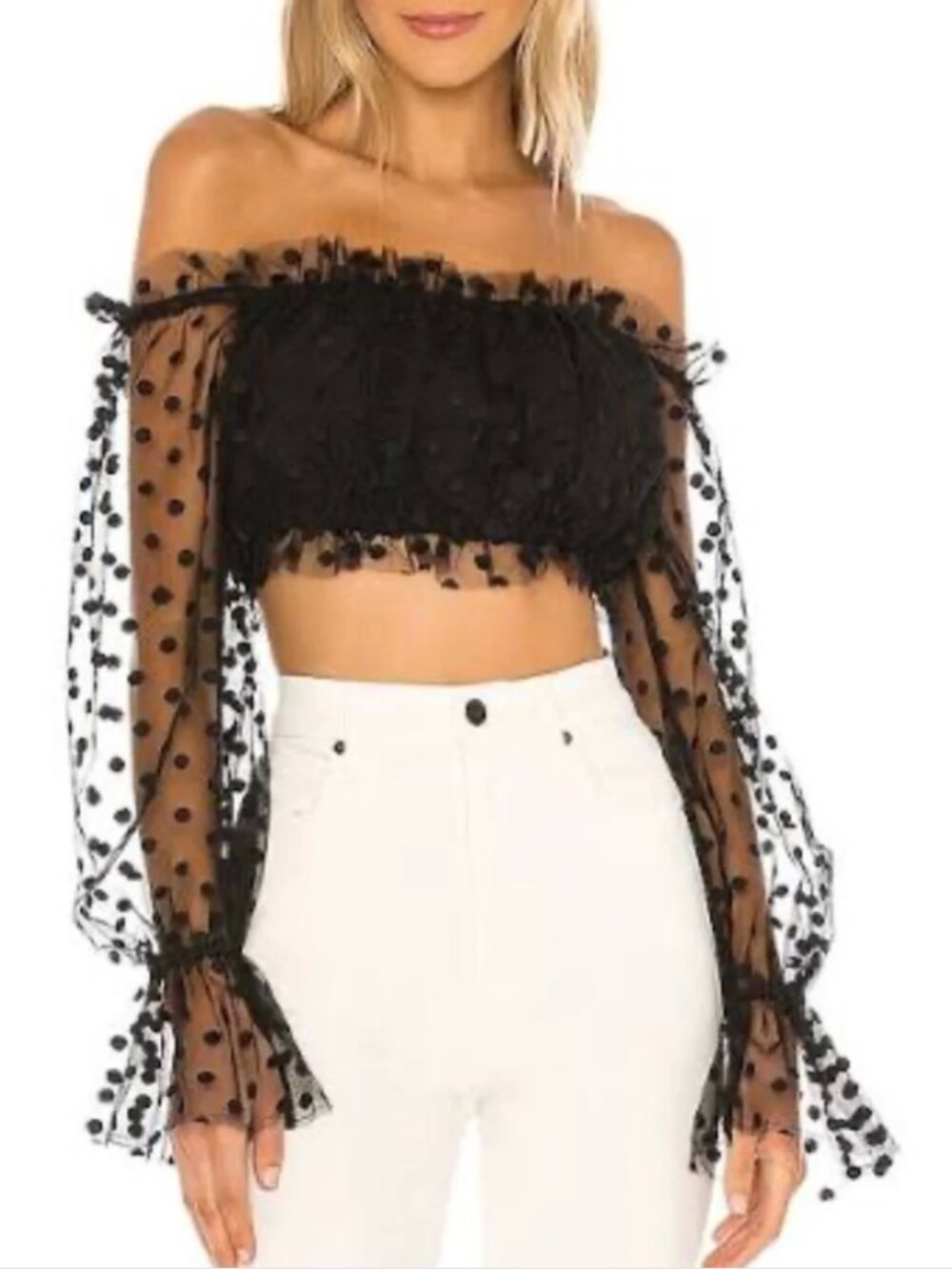 Majorelle Baby Bye Bye strapless polka dot crop top
